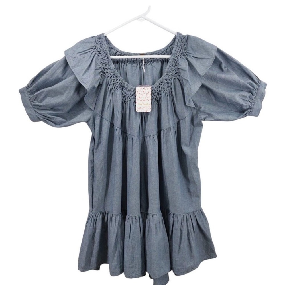 Free People Womens Indigo Side Pockets Short Puff Sleeve Mini Dress